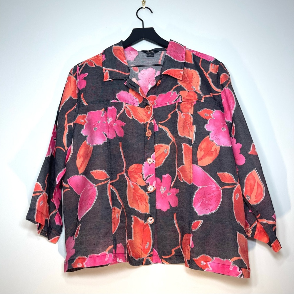 TONI MORGAN Womens Linen Blend Semi Sheer Blouse Jacket Pink Black Orange Sz. XL